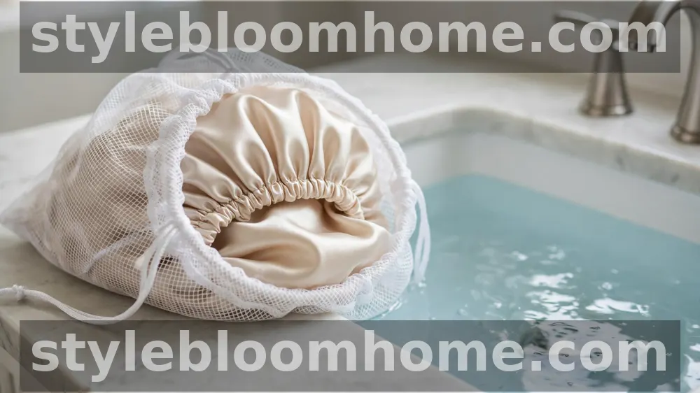 Illustration: a champagne silk bonnet in a white mesh laundry bag beside a bathroom basin of cool water