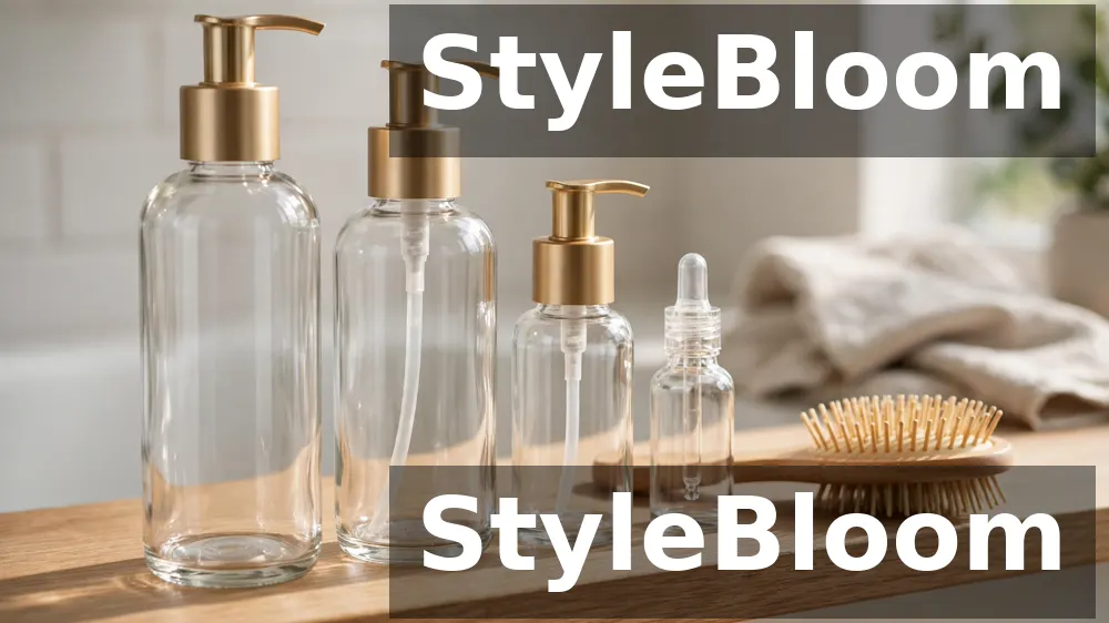 Illustration: three unlabelled serum pump bottles and one dropper bottle standing on a bathroom shelf beside a hairbrush