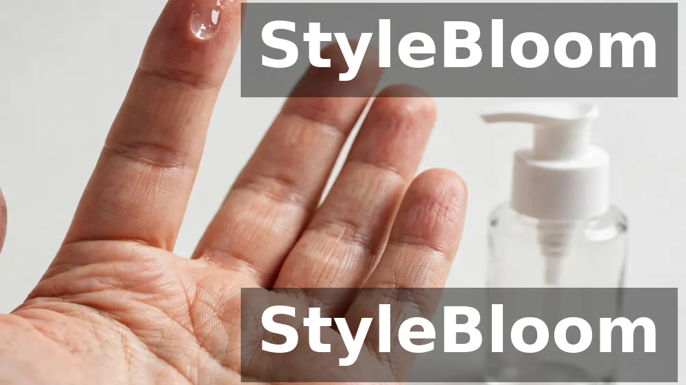 Illustration: a single drop of clear serum on a fingertip above an open palm, with a pump bottle beside it