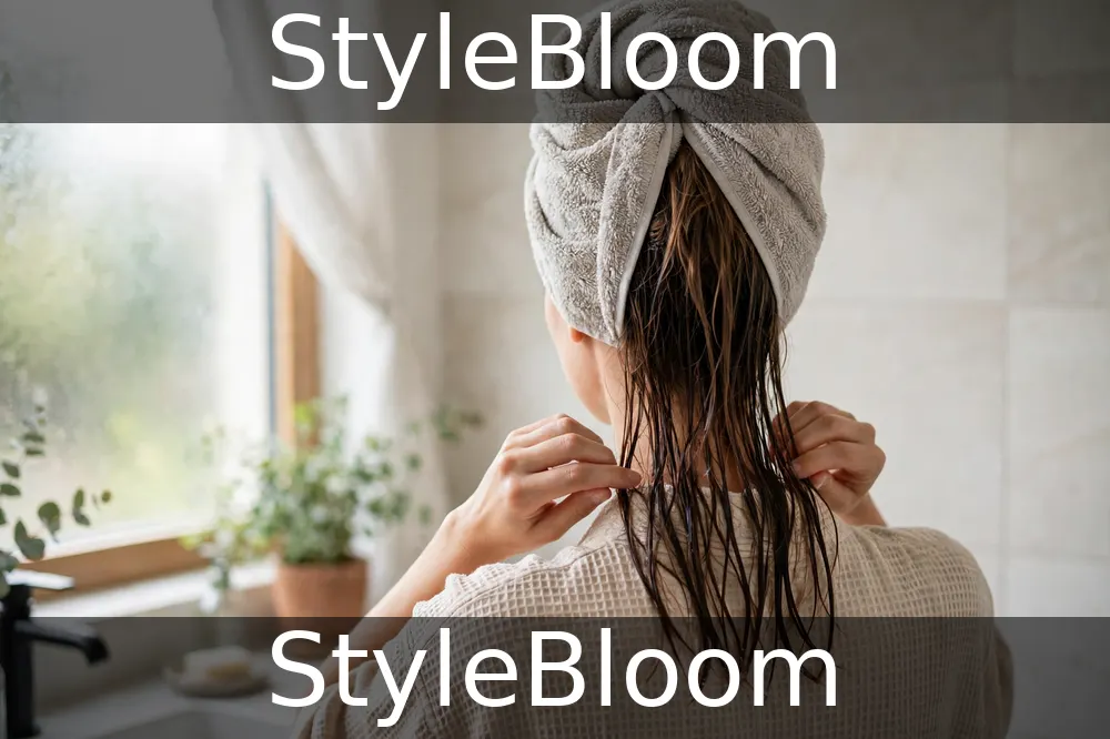 Illustration: a woman seen from behind with towel-wrapped damp hair, hands at the hair ends