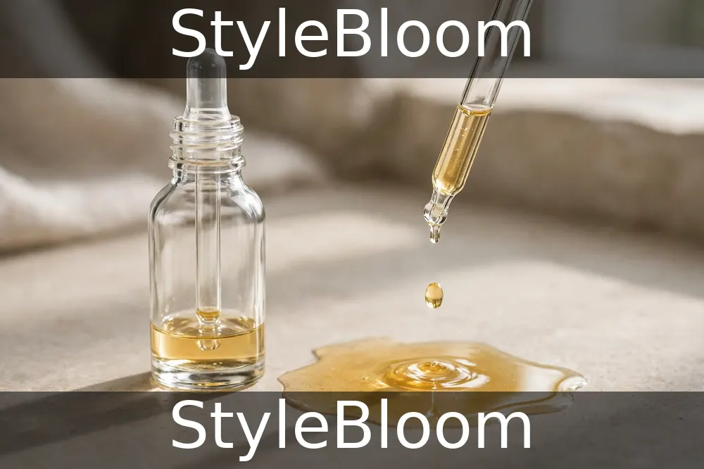 Illustration: an unlabeled dropper bottle beside a pool of golden serum