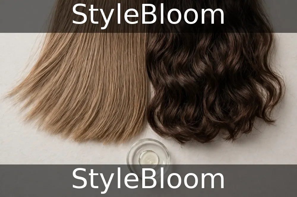 Illustration: fine straight hair beside thick wavy hair, with a small dish of serum