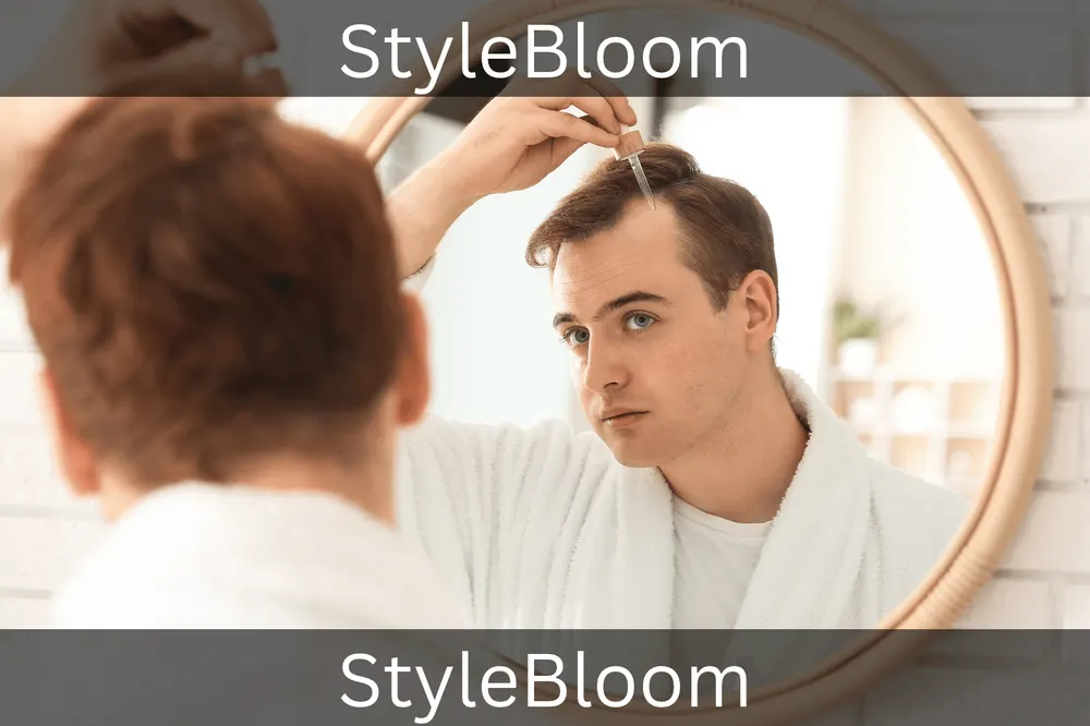 A man applying serum at the scalp, seen in a bathroom mirror