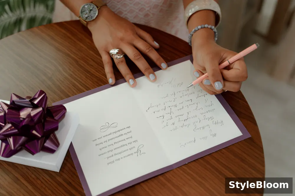A handwritten message being written in a card beside a wrapped gift box