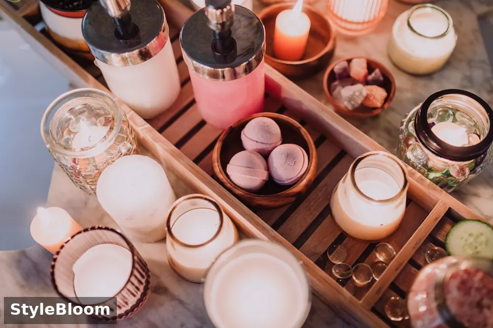 A self-care tray with candles, lotion, and bath bombs