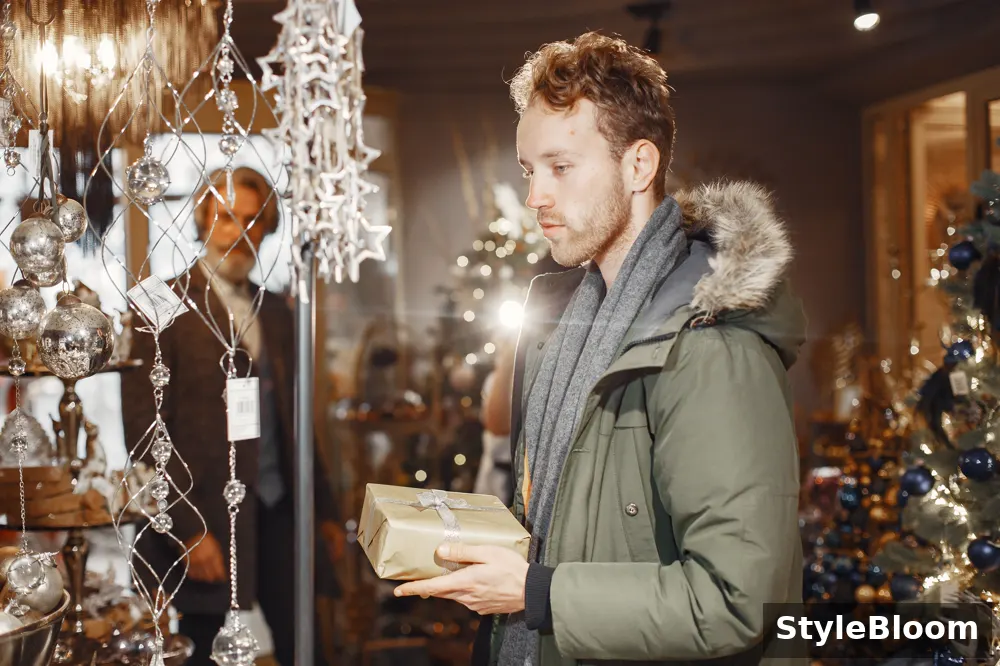 A shopper holding a wrapped present in a gift store