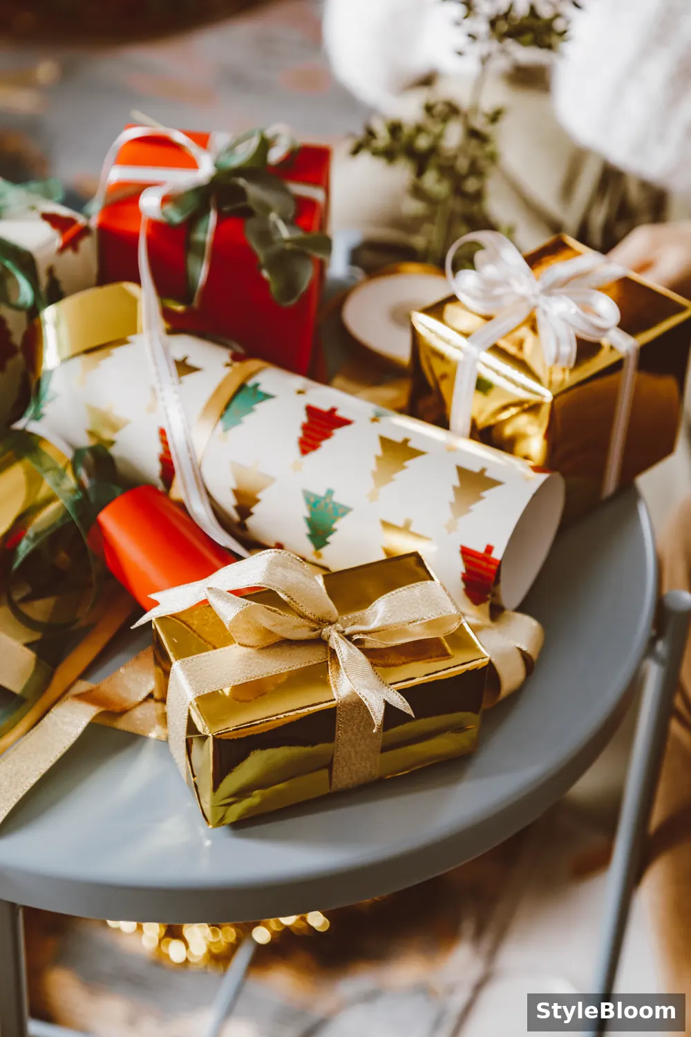 Wrapped gifts with ribbons arranged on a table