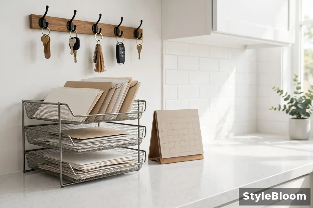A kitchen counter command station with mail trays and a calendar