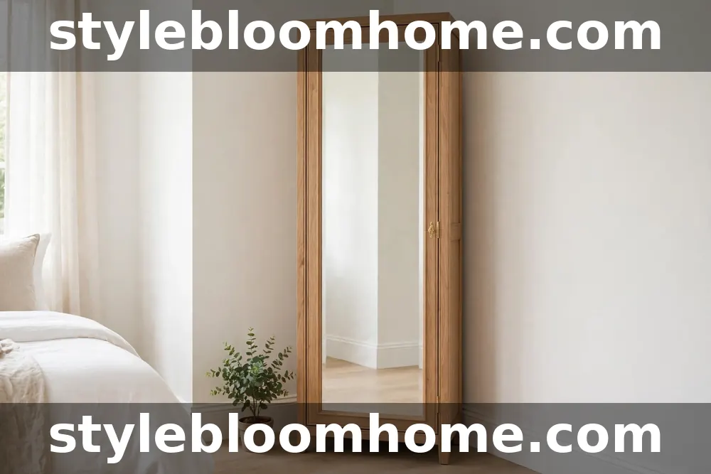 Illustration of a tall standing mirror-front jewelry armoire in a bright bedroom corner beside a small plant