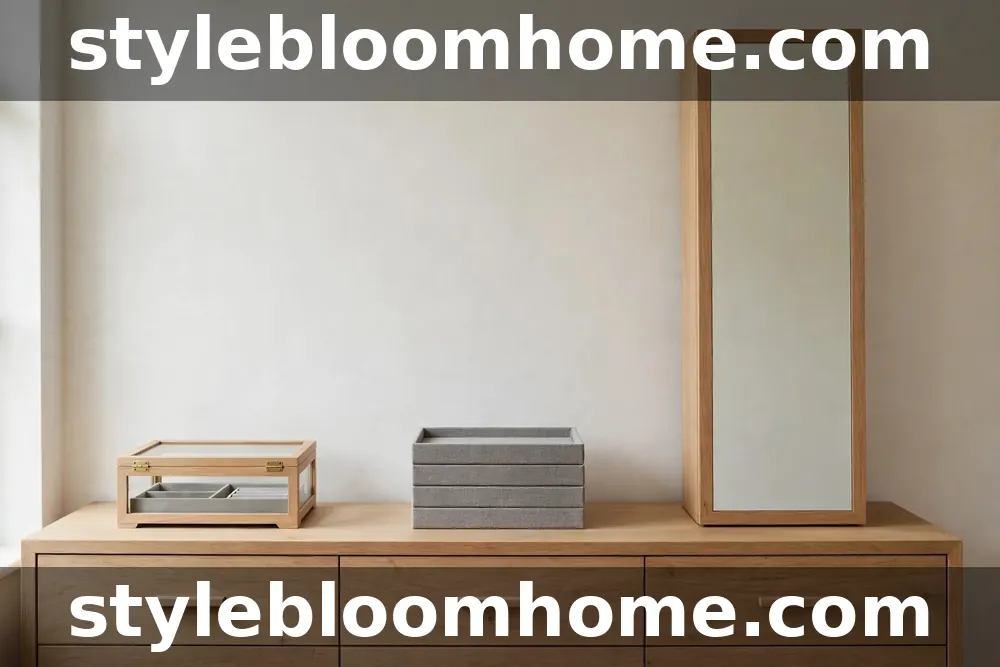 Illustration of three jewelry storage forms on a dresser: a glass-lid box, a stack of grey fabric trays, and a tall mirror-front cabinet
