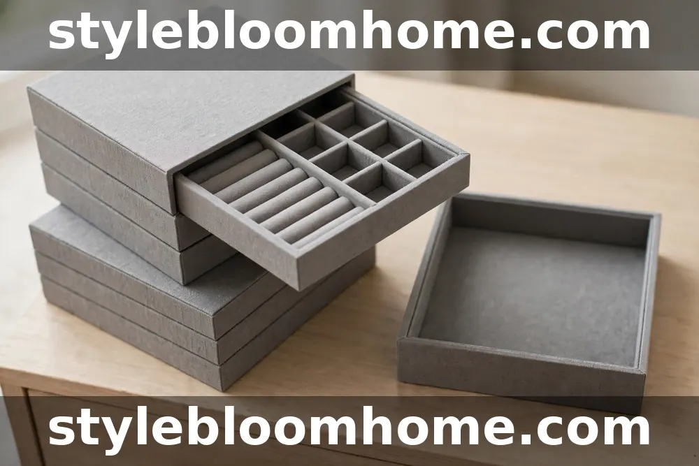 Illustration of stackable grey fabric jewelry trays with ring rolls and divided compartments, with a deep tray beside the stack