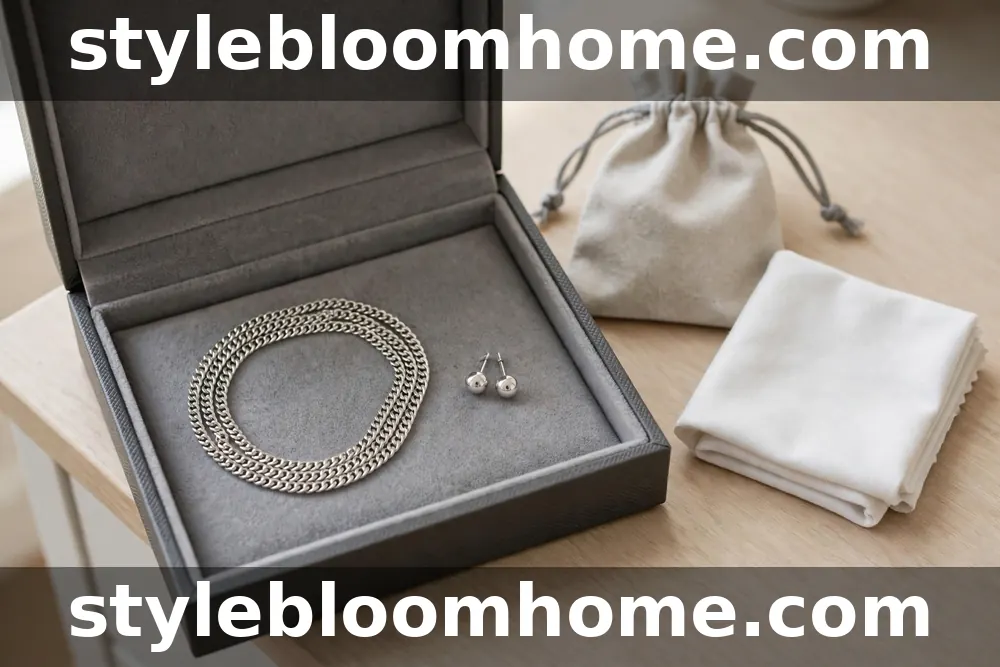 Illustration of a silver chain and stud earrings stored separately in a lined box, with a drawstring pouch and a white polishing cloth beside it