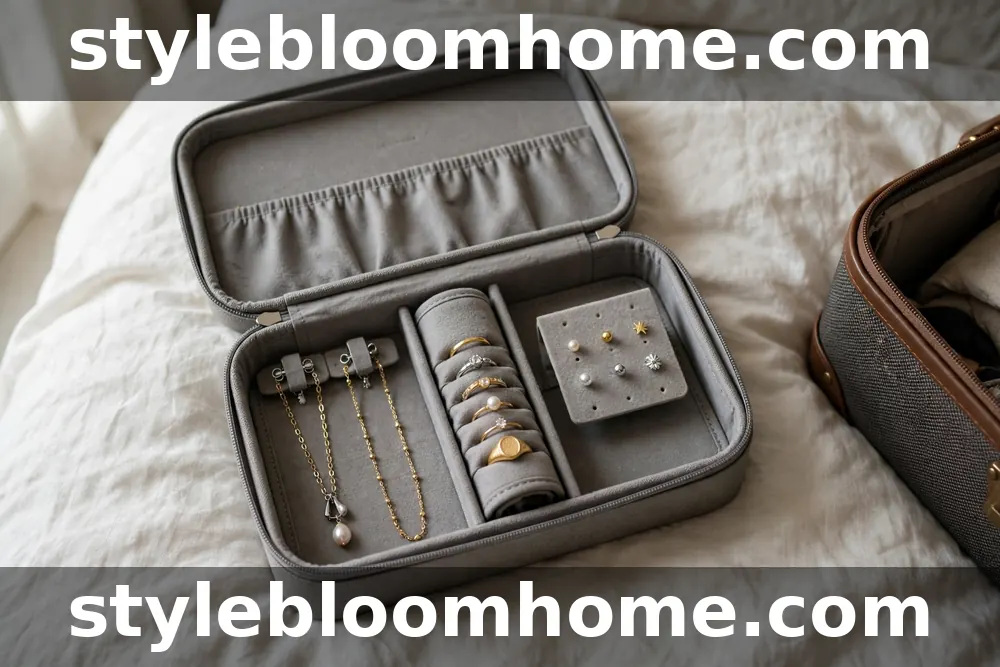 Illustration of an open zippered travel jewelry case with necklace clips, a ring roll, and an earring plate, on a bed beside a suitcase