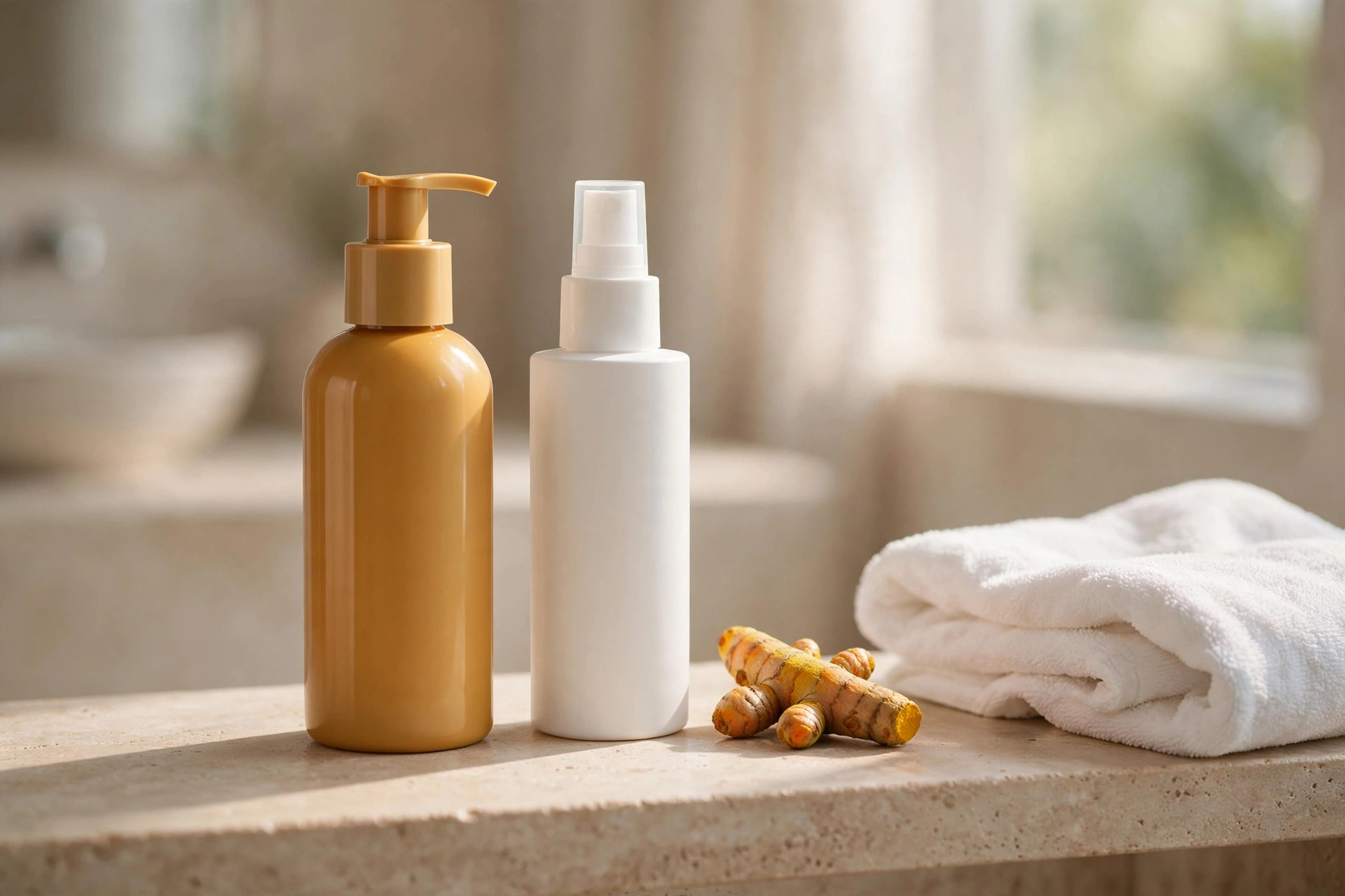 Two body spray bottles side by side on a bathroom counter with fresh turmeric root — the two kojic acid body sprays compared in this guide