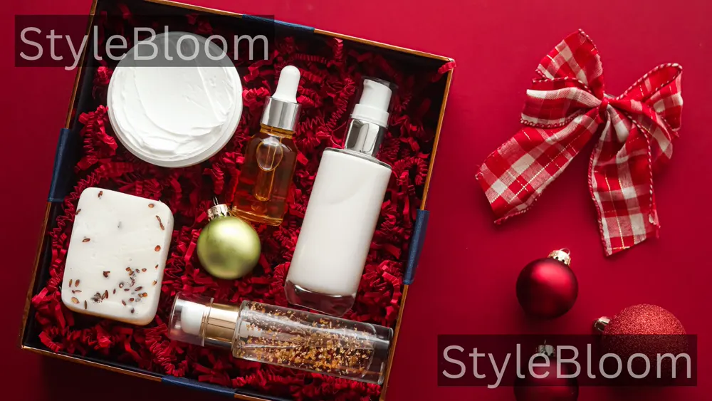 An open Christmas gift box filled with generic body-care items