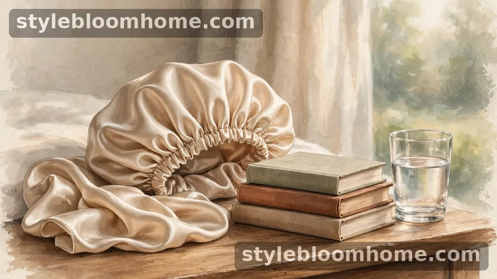 Illustration: a champagne silk bonnet resting on a bedside table beside a stack of books.