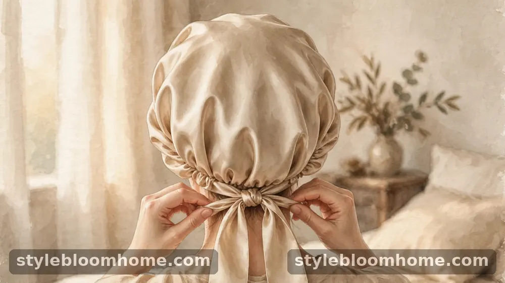 Illustration: hands tying the long silk ribbons of a bonnet at the nape, seen from behind.