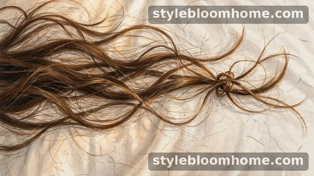 Illustration: hair spread and tangled across a plain white pillowcase.