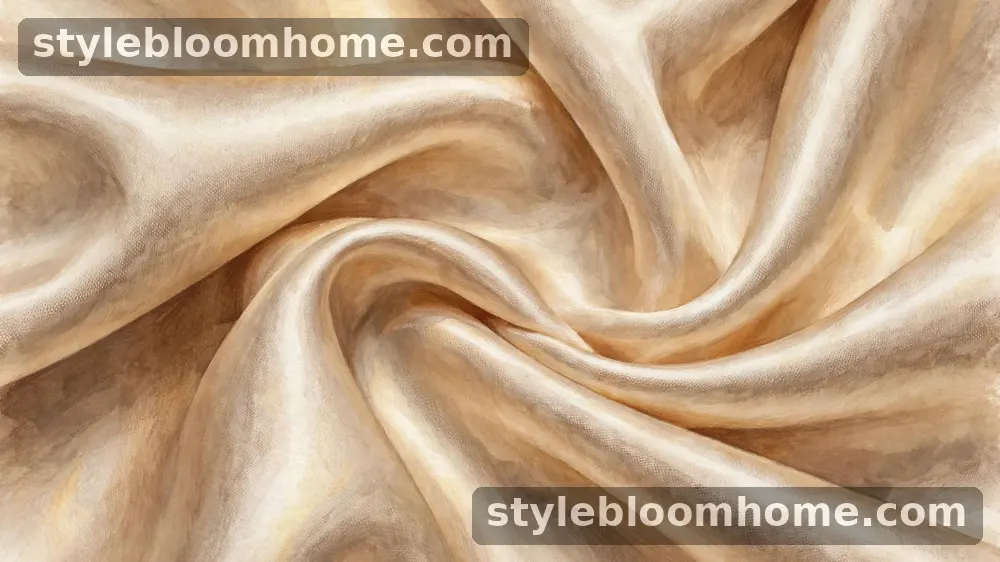 Illustration: close-up of champagne silk fabric folds, showing the sheen and smooth weave.