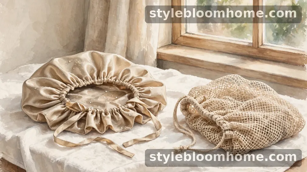Illustration: a damp champagne silk bonnet drying flat on a white towel beside a mesh laundry bag.