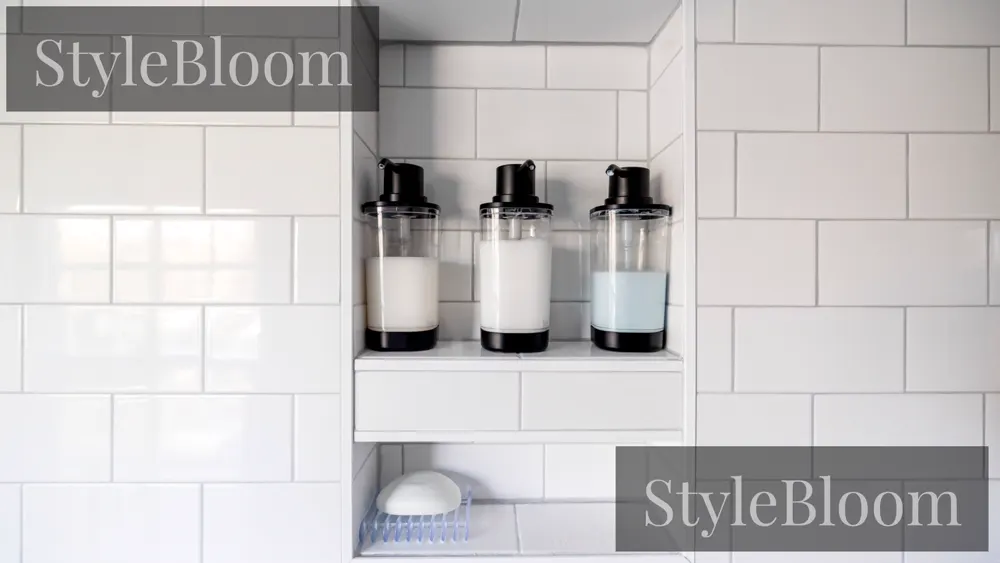 Unlabelled body-care bottles on a bathroom shelf