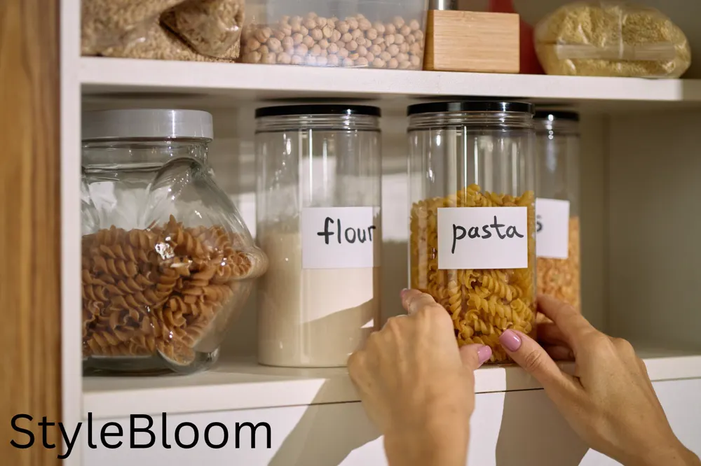 Hands placing a labeled jar of pasta back on a pantry shelf