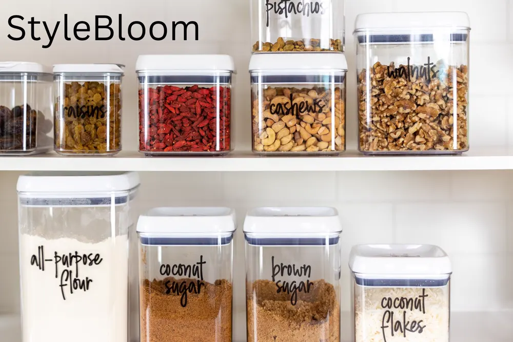 Labeled airtight containers of dry staples on pantry shelves