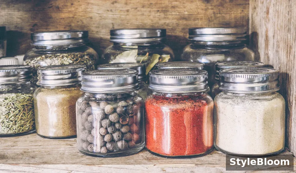 Spice jars arranged in rows on a wooden shelf