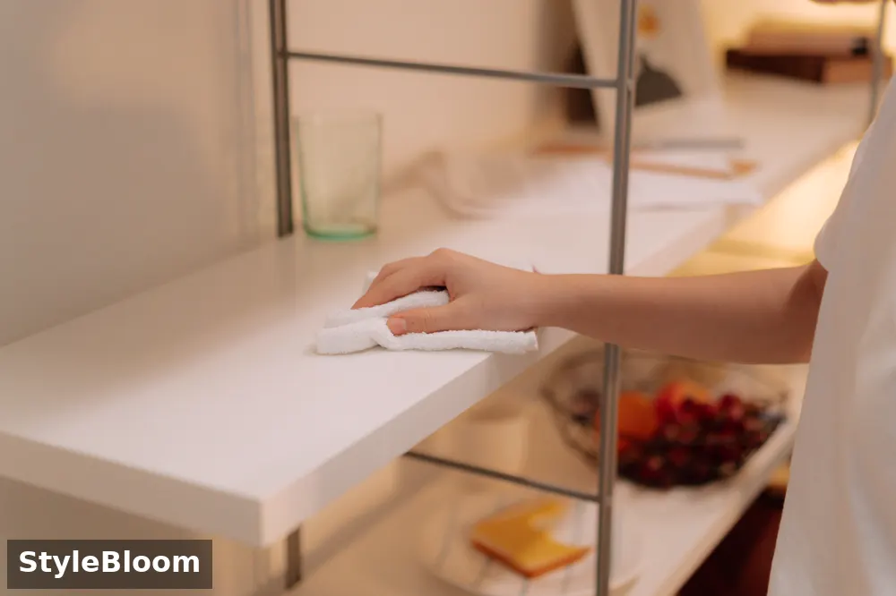 A hand wiping a white shelf clean with a cloth
