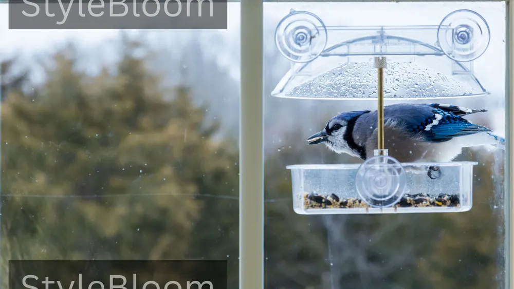 A single blue jay at a window-mounted bird feeder, with trees outside the window