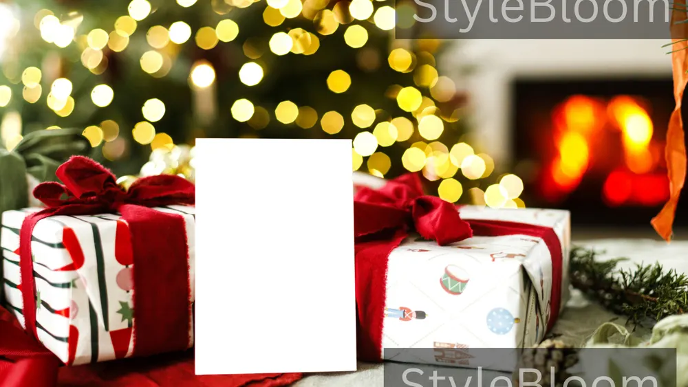 Wrapped gifts with a blank white card standing between them, Christmas tree lights behind