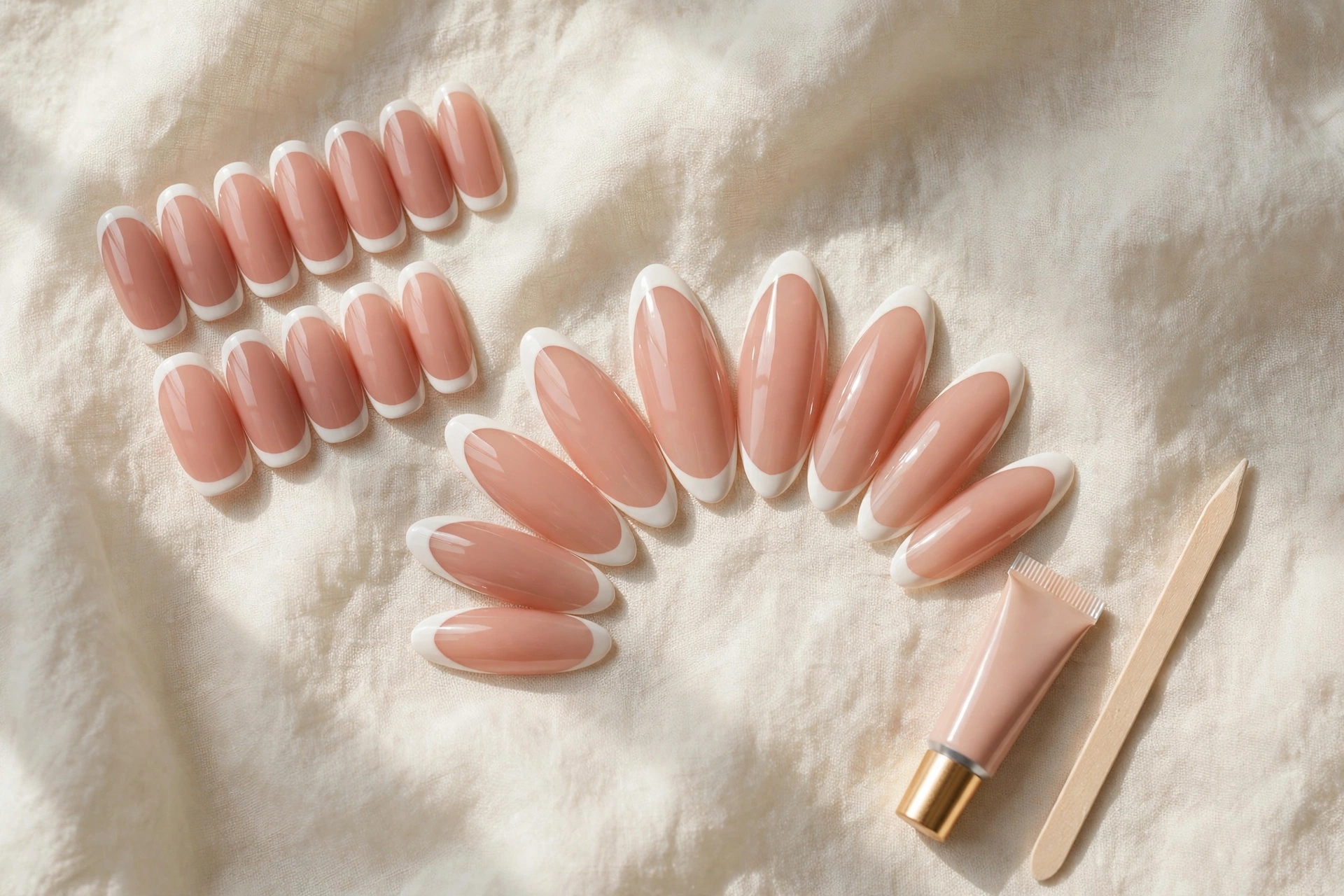 Press on nail sets in medium almond french tip style with nail glue and cuticle stick on cream linen
