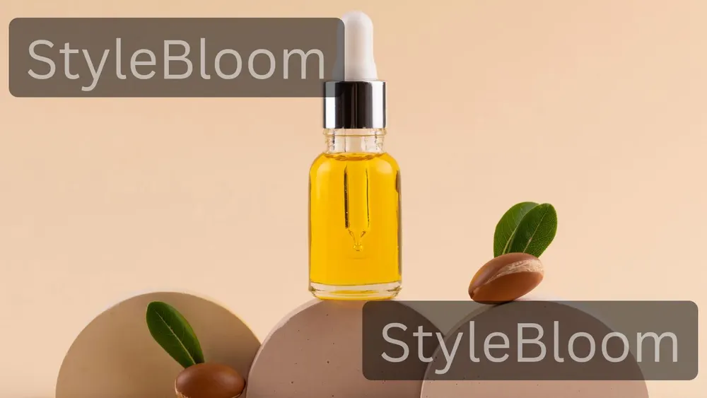 An oil bottle and dropper on a plain neutral background