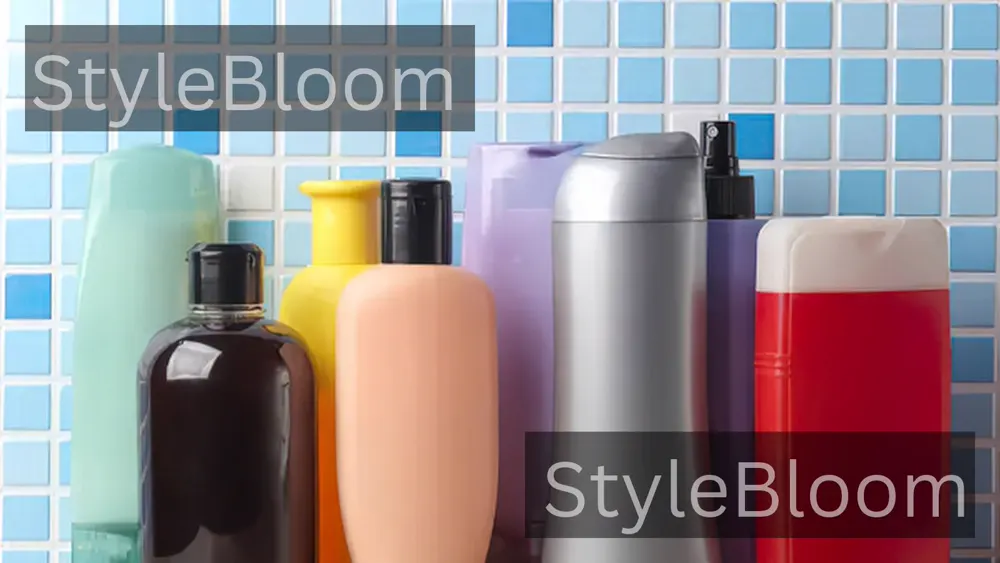 Body care bottles and jars on a bathroom shelf