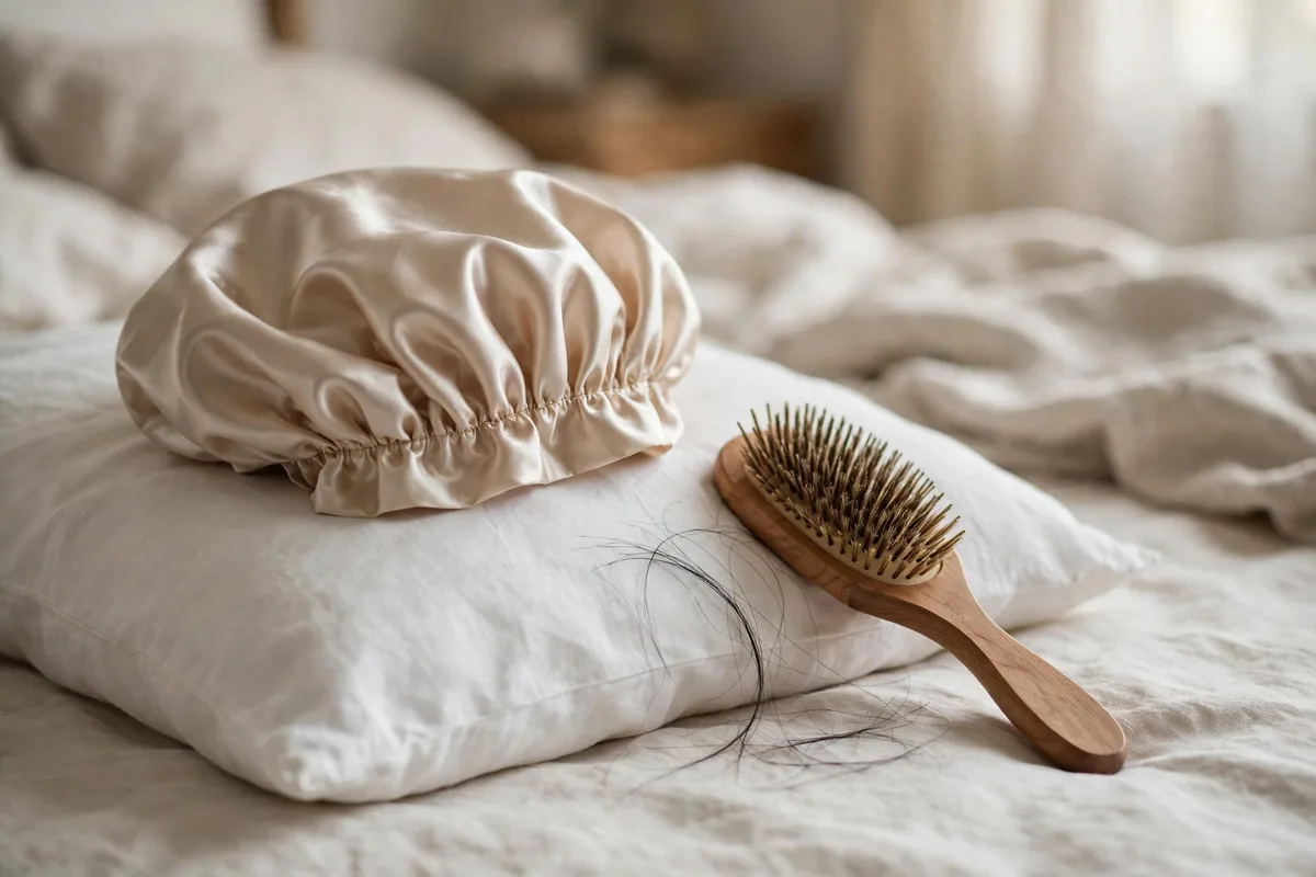 Cuffia di raso per dormire appoggiata su un cuscino, pronta per la routine serale