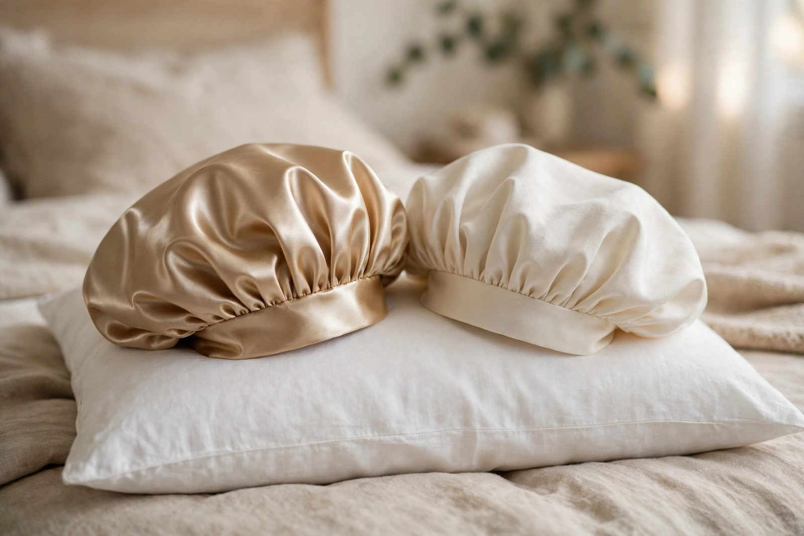 A glossy champagne satin bonnet and an ivory silk bonnet side by side on a white pillow — the two fabrics compared in this guide