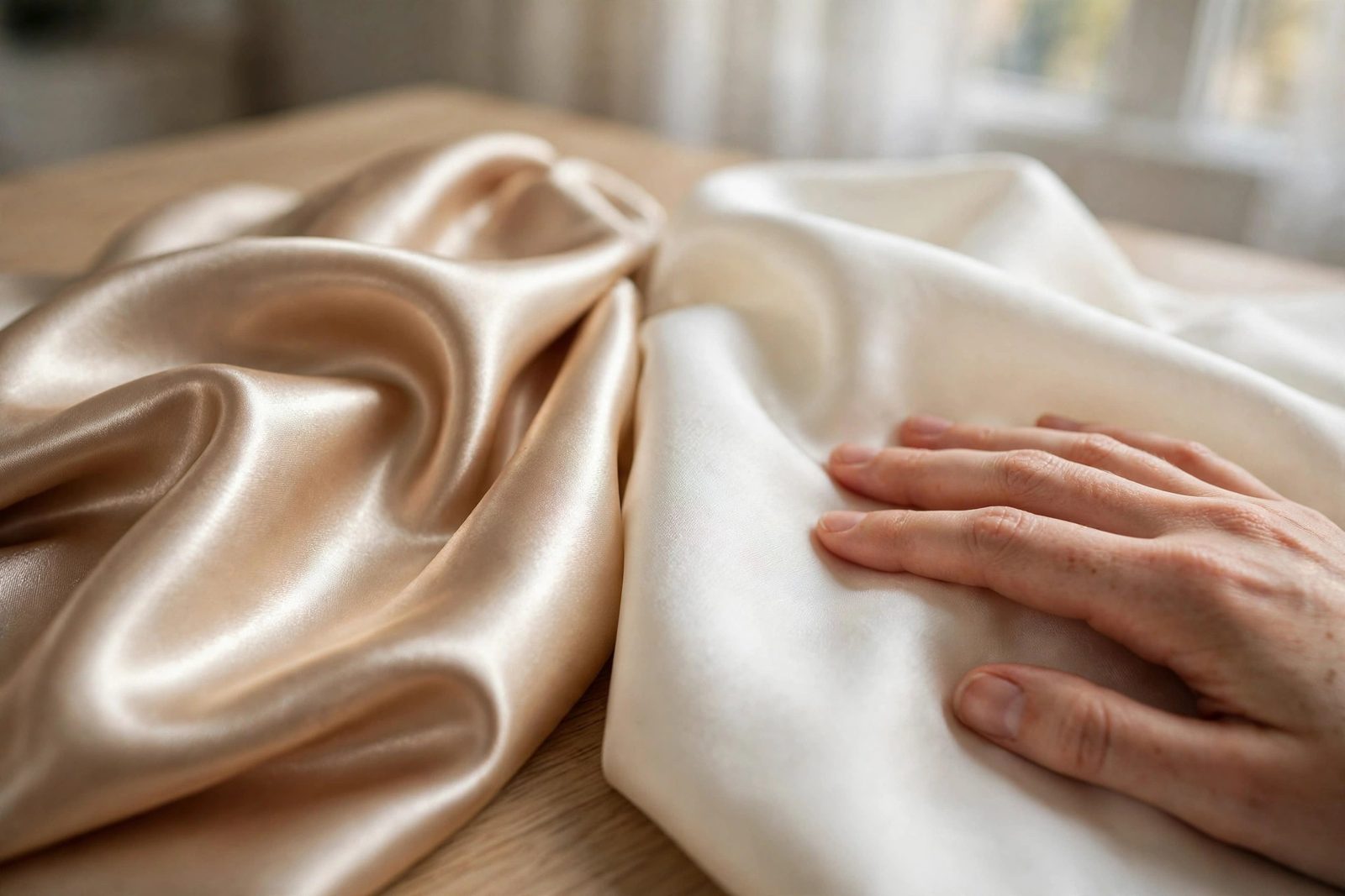 Close-up of glossy champagne satin fabric beside ivory silk fabric, showing the difference in sheen between the two bonnet materials