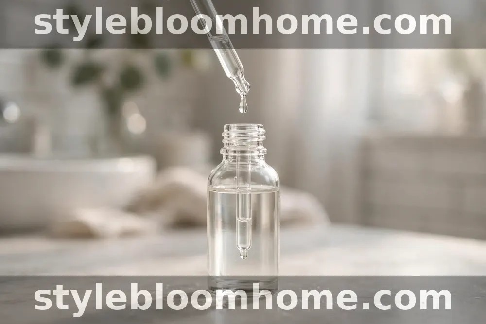 Illustration of a glass dropper bottle of clear serum with a single drop at the pipette tip, standing on a bathroom counter