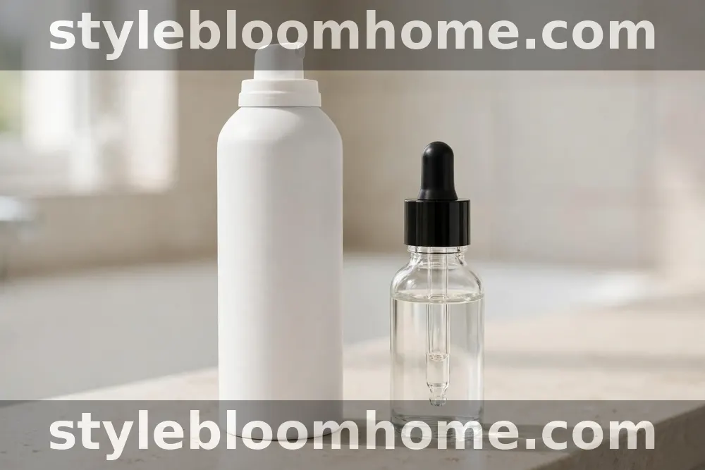 Illustration of a plain white minoxidil foam canister standing beside a glass dropper serum bottle on a bathroom counter