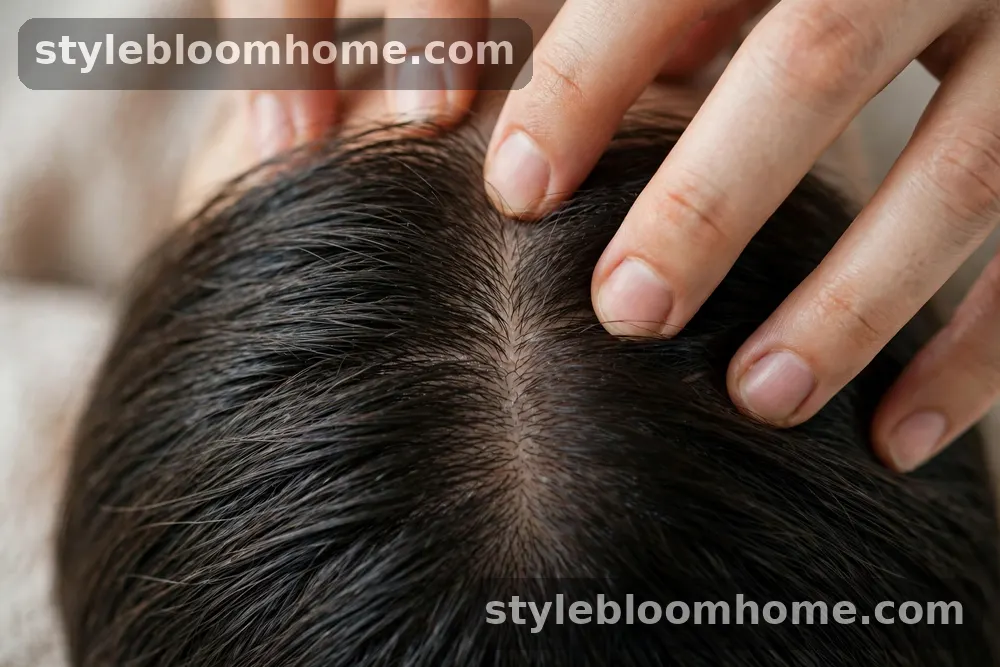 Illustration of fingertips gently massaging serum into a parted scalp, close-up, no face visible
