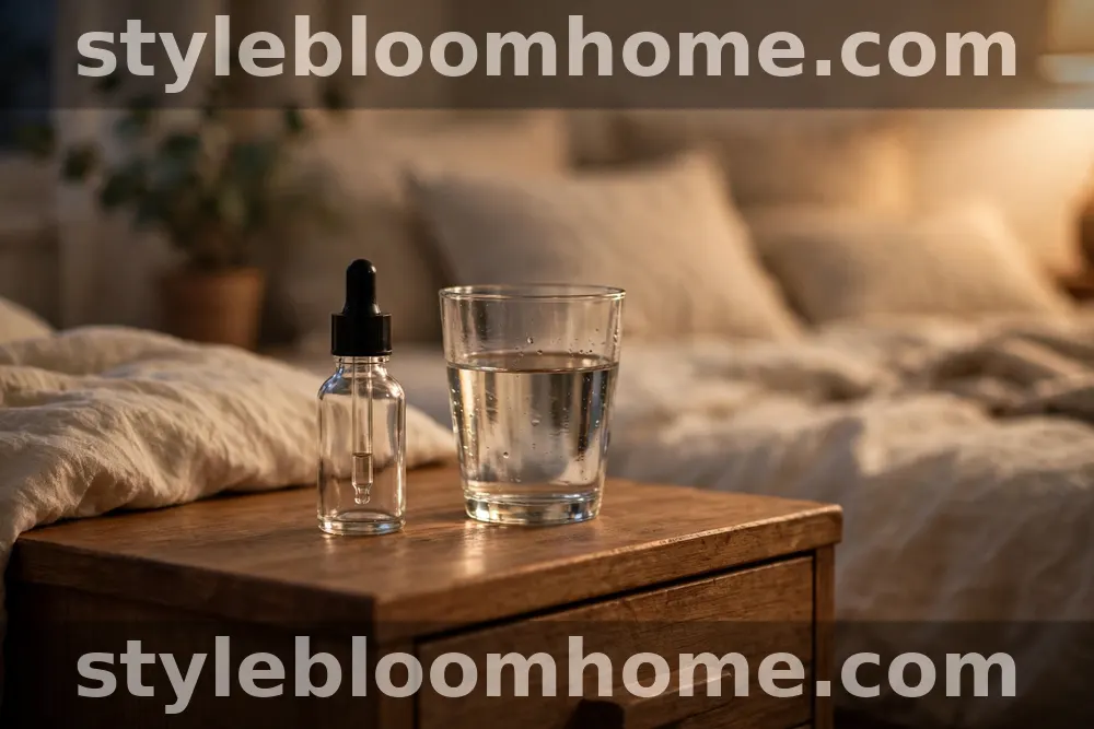 Illustration of a small dropper serum bottle on a wooden nightstand beside a glass of water in warm evening light