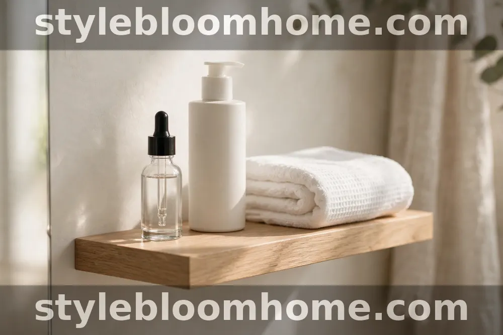 Illustration of a bathroom shelf holding a dropper serum bottle, a shampoo bottle, and a folded towel in soft morning light