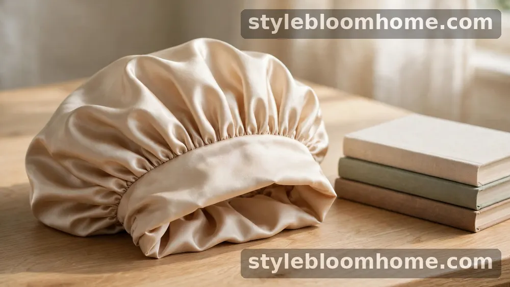 Illustration: a gathered champagne silk bonnet with a wide soft band on a light oak table beside a stack of books