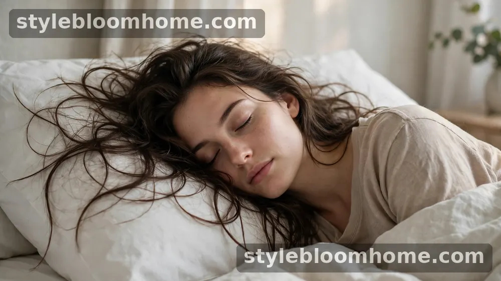 Illustration: a woman asleep with her long hair spread and tangled across a plain white pillowcase