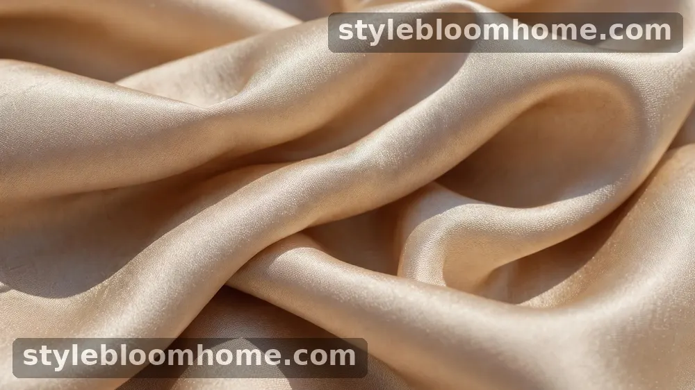 Illustration: close-up of champagne silk fabric folds in daylight, showing the sheen and fine weave