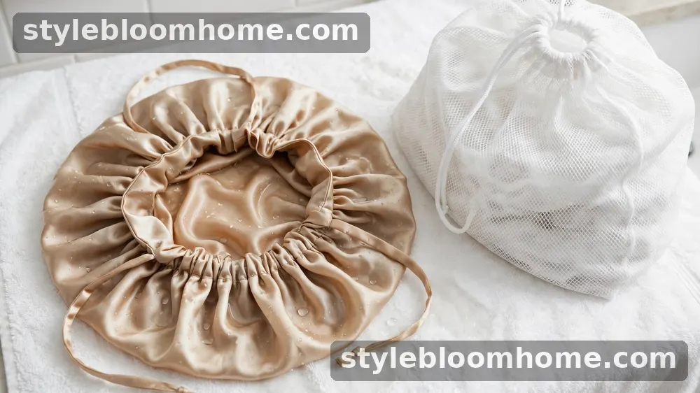 Illustration: a damp champagne silk bonnet drying flat on a white towel beside a white mesh laundry bag