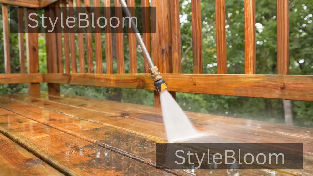 Wood deck washed gently with a wide fan nozzle — the safe approach for wood, starting far back and testing a hidden spot first.