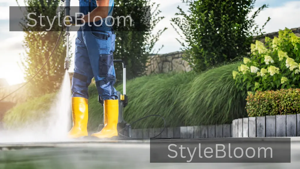 Homeowner cleaning a concrete driveway with an electric pressure washer — the classic first job most buyers actually buy one for.