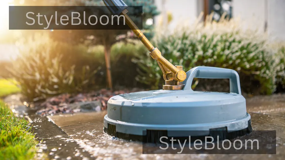 Patio cleaning with a surface cleaner attachment — even passes, no zebra stripes, the accessory that most changes driveway and patio results.