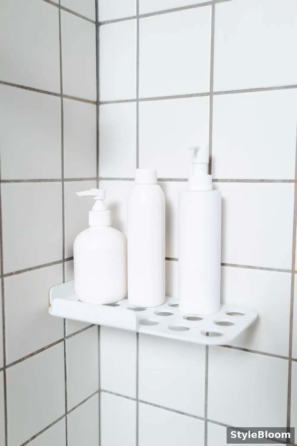 White triangular corner shelf holding three white bottles